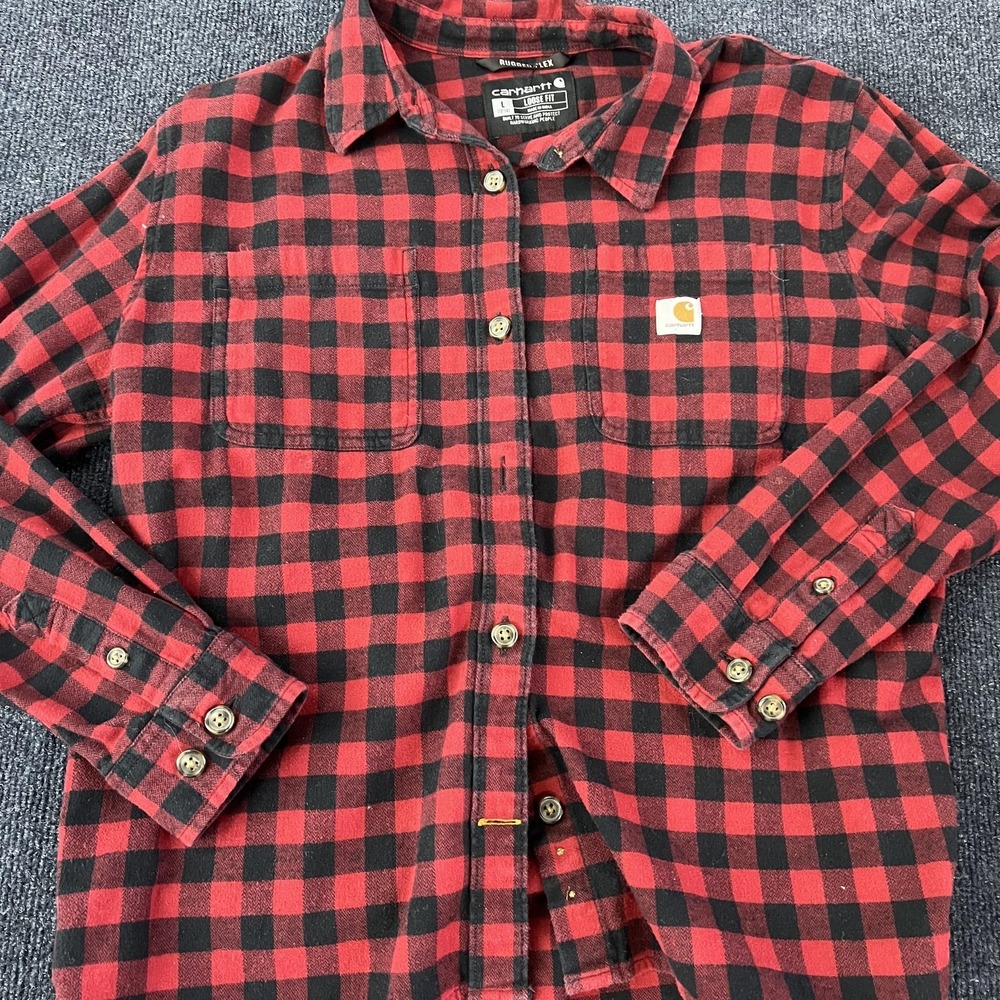 Carhartt Rugged Flex Shirt Boys Large 12-14 Red Black Plaid Flannel Long Sleeve